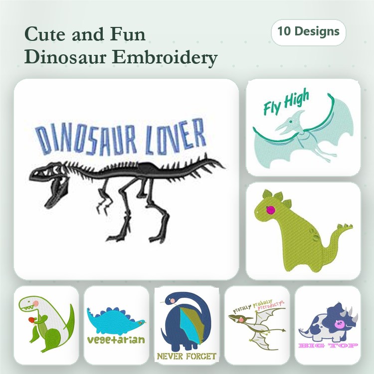 Cute Dinosaur Embroidery Designs Bundle – Dinosaur Lover, Flying Dinosaur, Happy Dinosaur & More (10 Designs)