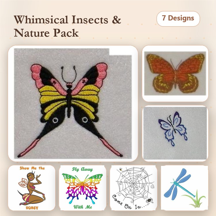 Insects and Nature Embroidery Designs Bundle – Butterfly with Pink and Yellow Wings, Orange Butterfly, Blue Butterfly & More (7 Designs)