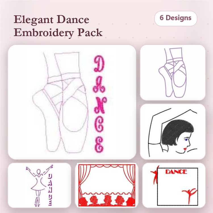 Dance-Themed Embroidery Designs Bundle – Ballet Slippers, Dance Word Art, Dancing Silhouette & More (6 Designs)