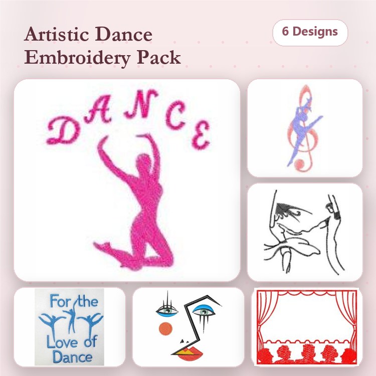Artistic Dance Themes Embroidery Designs Bundle – Dancing Figure, Musical Note with Dancer, Dancer Silhouette & More (6 Designs)
