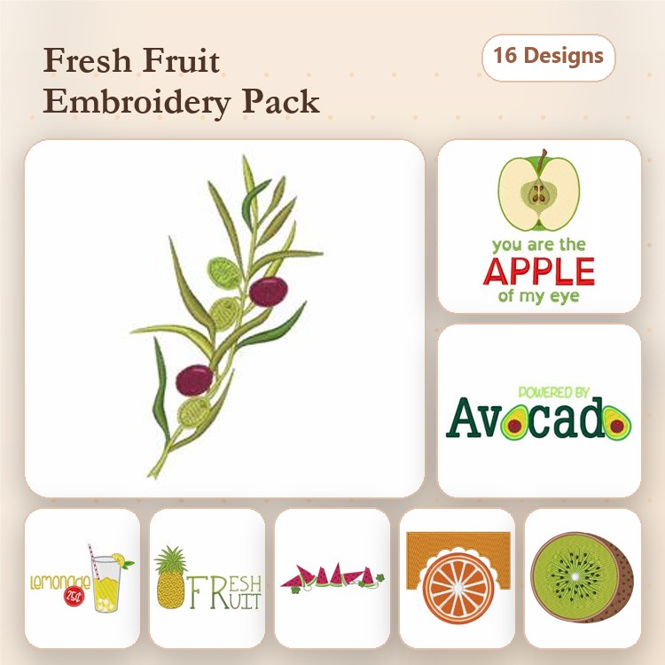 Fresh Fruit Embroidery Designs Bundle – Olive Branch, Apple, Avocado, Pineapple & More (16 Designs)