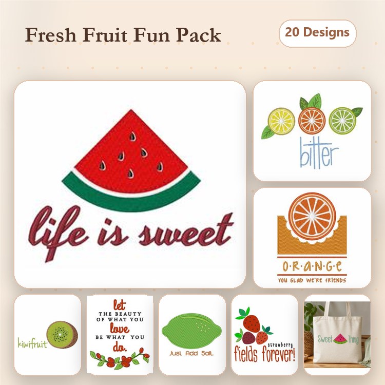 Fresh Fruit Embroidery Designs Bundle – Watermelon Slice, Orange Round, Lime Slice & More (20 Designs)