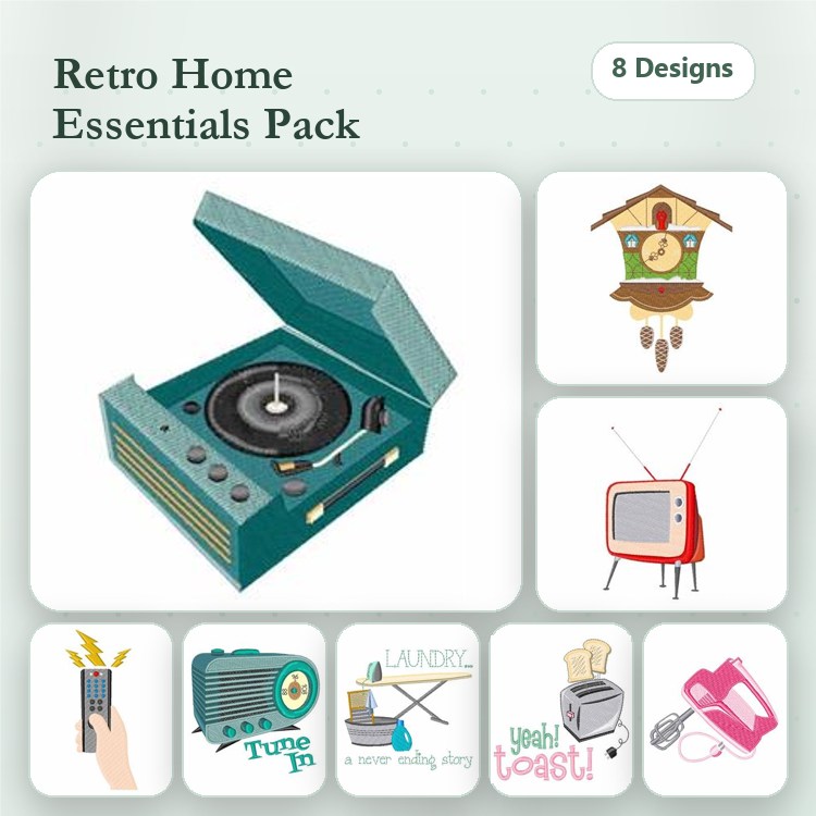 Retro Home Essentials Embroidery Designs Bundle – Record Player, Cuckoo Clock, Retro Television & More (8 Designs)