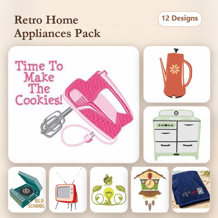Retro Home Appliances Embroidery Designs Bundle – Mixer, Teapot, Stove & More (12 Designs)