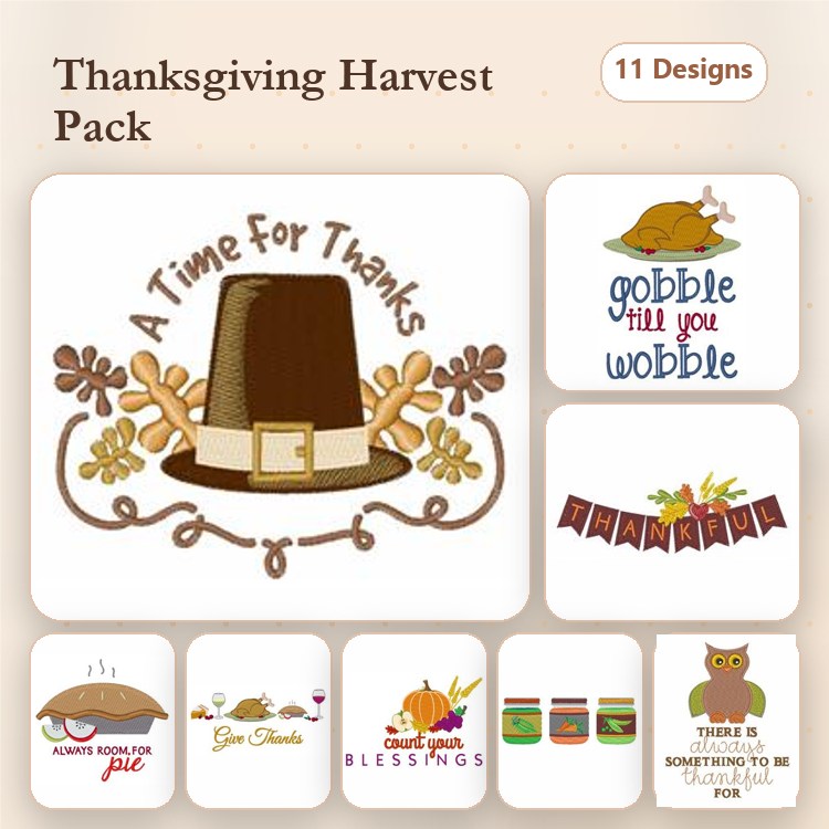 Thanksgiving Harvest Embroidery Designs Bundle – Thankful Turkey, Pilgrim Hat with Leaves, Owl with Autumn Leaves & More (11 Designs)