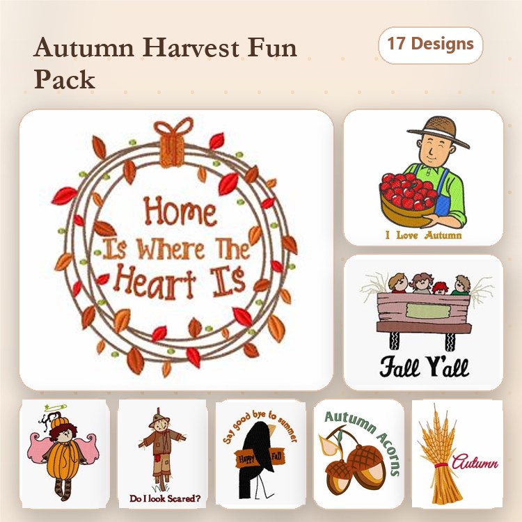 Autumn Harvest Embroidery Designs Bundle – Harvest Wreath, Scarecrow, Pumpkin Patch & More (17 Designs)