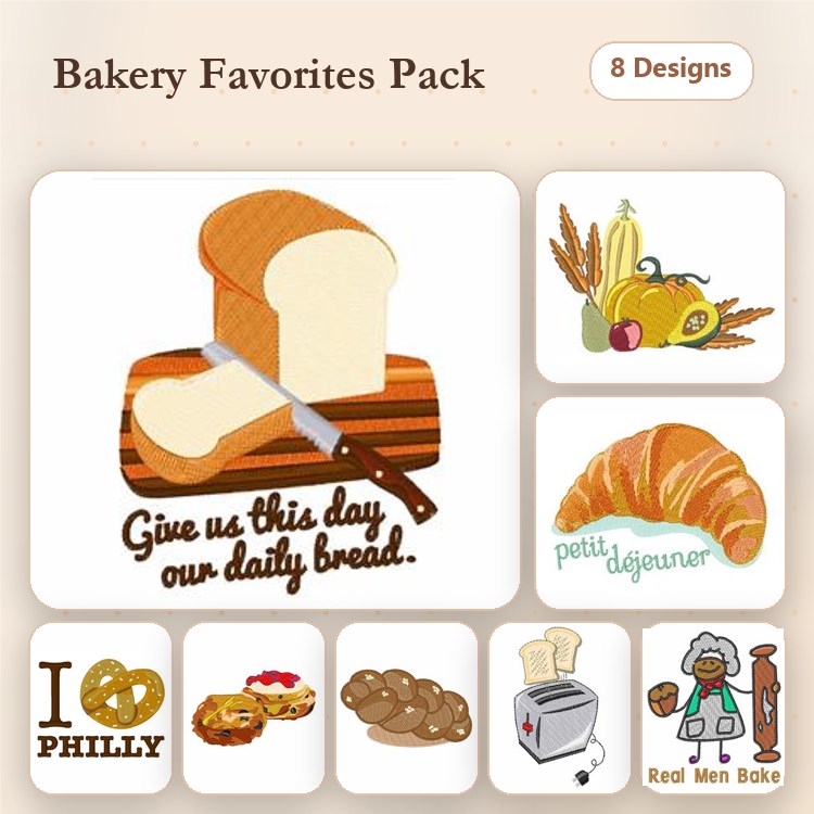 Bakery Themed Embroidery Bundle – Loaf of Bread with Knife, Croissant, Toaster & More (8 Designs)