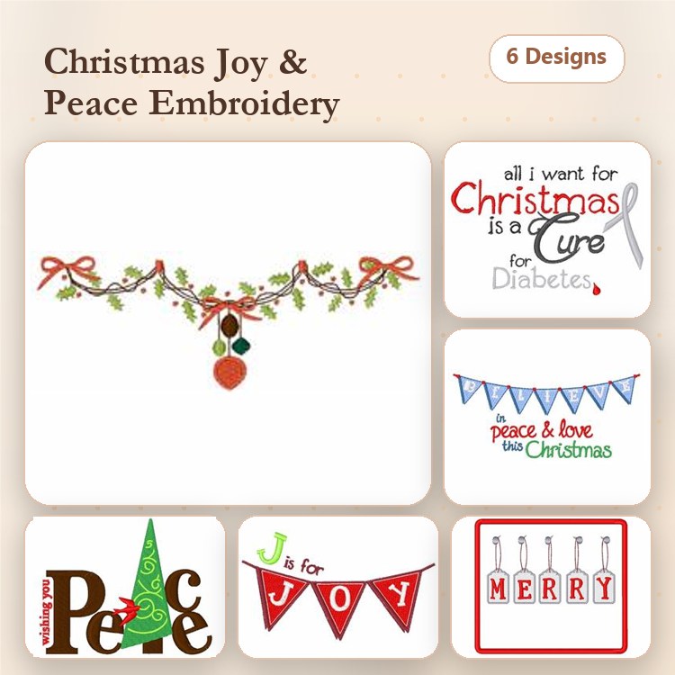 Christmas Embroidery Designs Bundle – Christmas Garland, Joy Letters, Peace Letters & More (6 Designs)