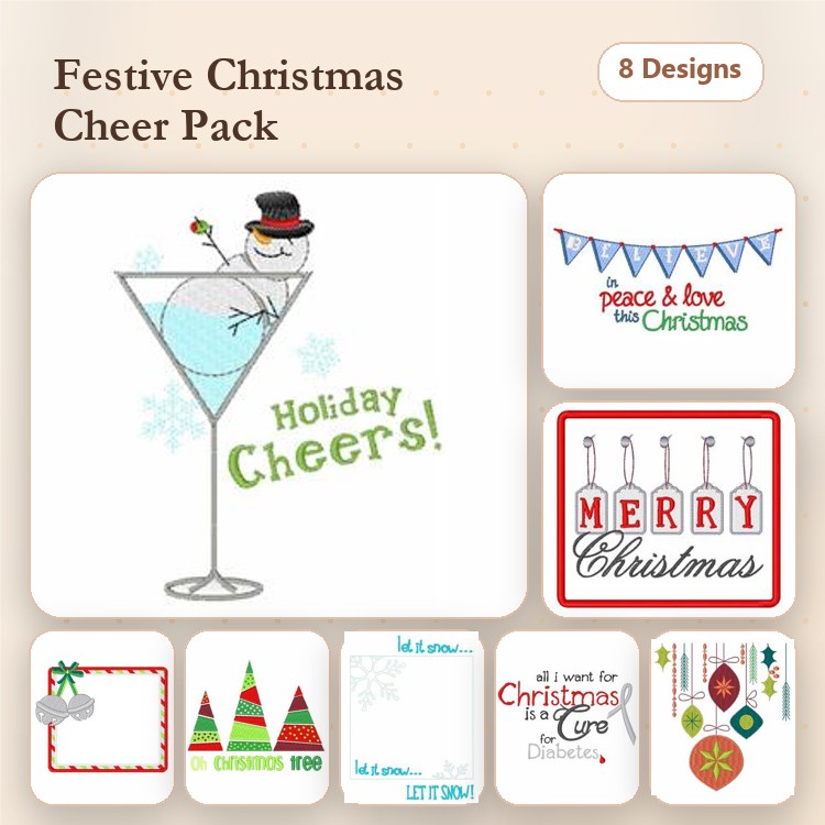 Festive Christmas Embroidery Designs Bundle – Snowman in Martini Glass, Christmas Tree, Christmas Gift Box & More (8 Designs)