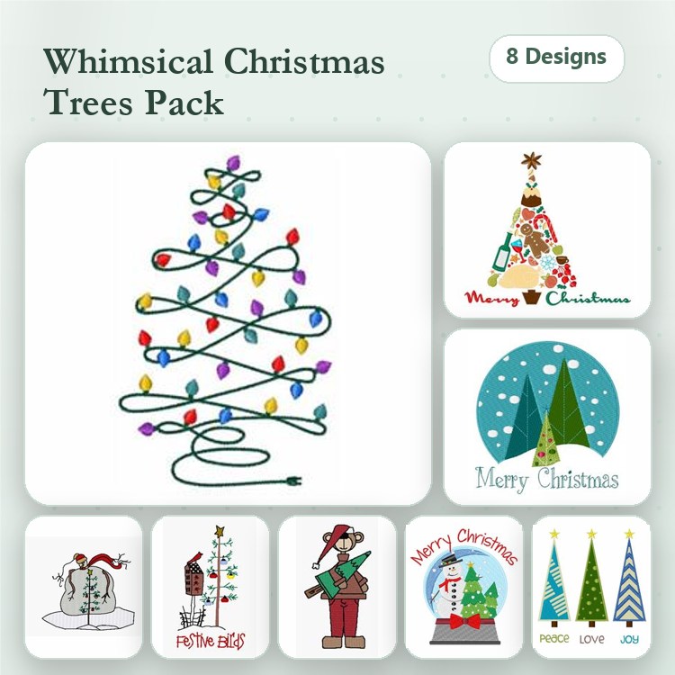 Christmas Tree & Snowman Embroidery Designs Bundle – Christmas Tree with Lights, Merry Christmas Tree 1, & More (8 Designs)