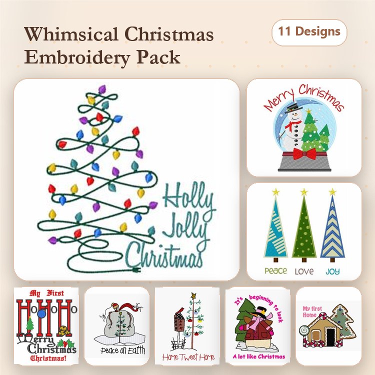 Whimsical Christmas Embroidery Designs Bundle – Christmas Tree with Lights, Snowman with Christmas Tree, & More (11 Designs)