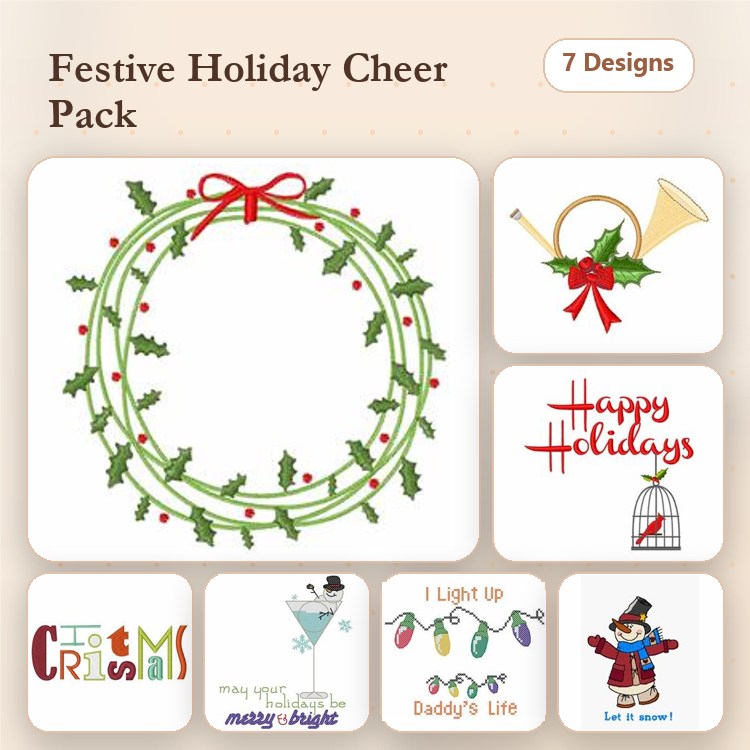 Holiday Cheer Embroidery Designs Bundle – Wreath with Berries, Christmas Horn, Snowman with Scarf & More (7 Designs)