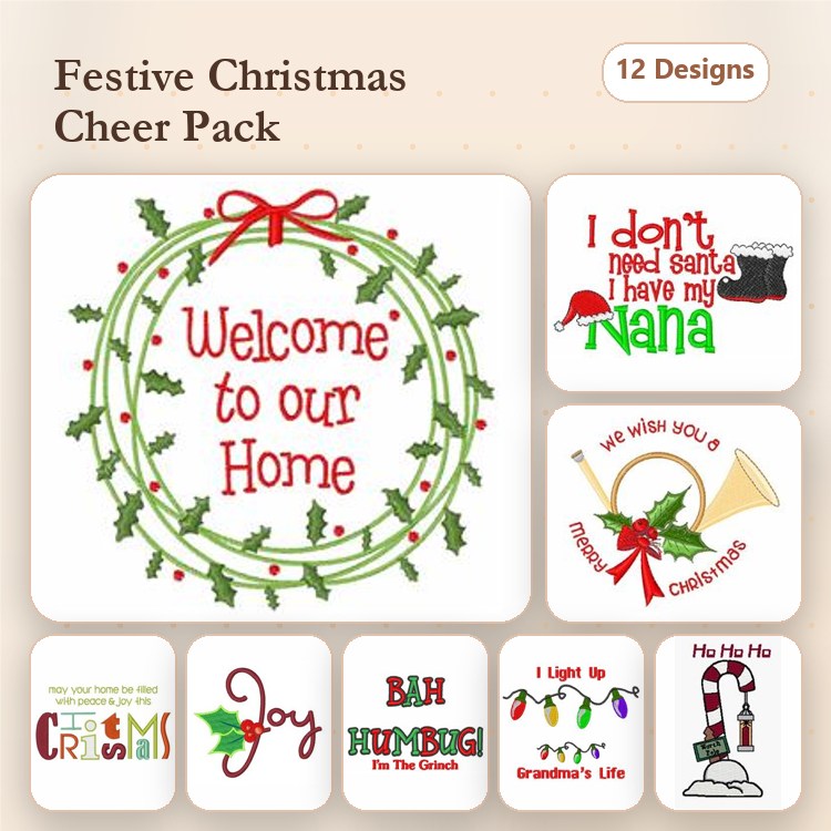 Christmas Wreath Embroidery Designs Bundle – Welcome to our Home, Joy, Bah Humbug! & More (12 Designs)