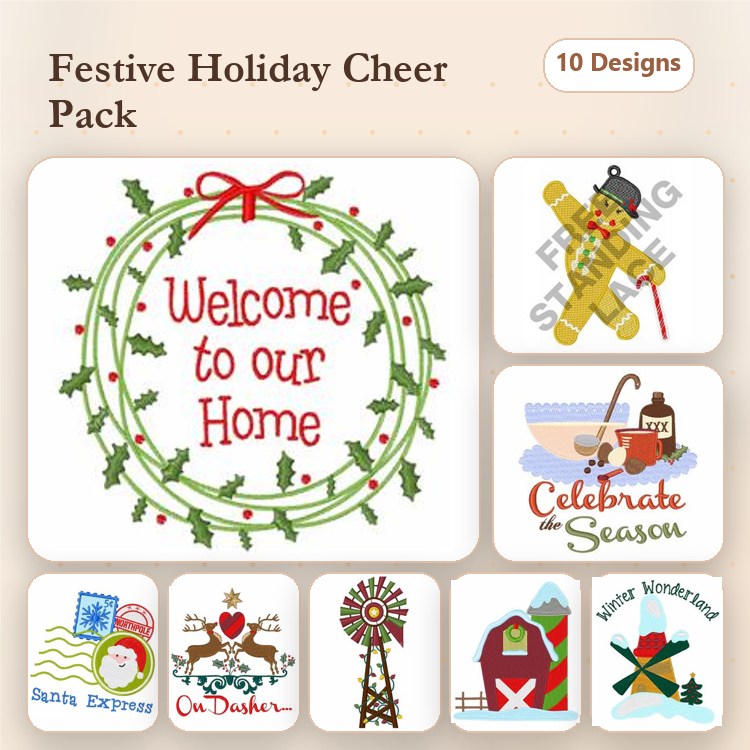 Festive Holiday Embroidery Designs Bundle – Welcome Wreath, Gingerbread Man, Holiday Mail & More (10 Designs)
