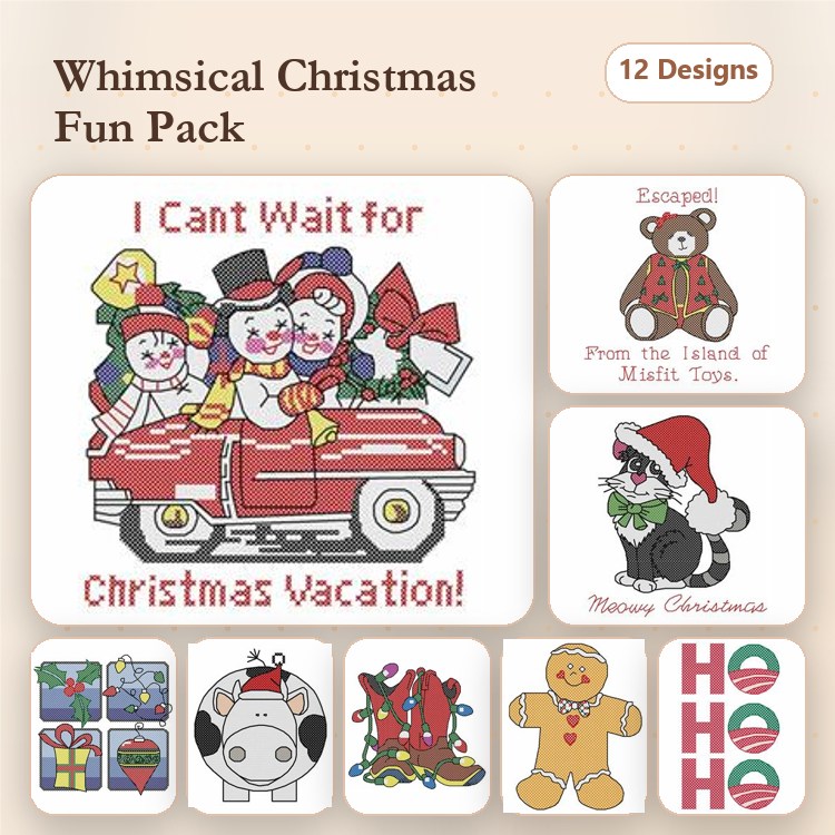 Whimsical Christmas Themes Embroidery Designs Bundle – Christmas Vacation Car, Teddy Bear, Happy Cat & More (12 Designs)