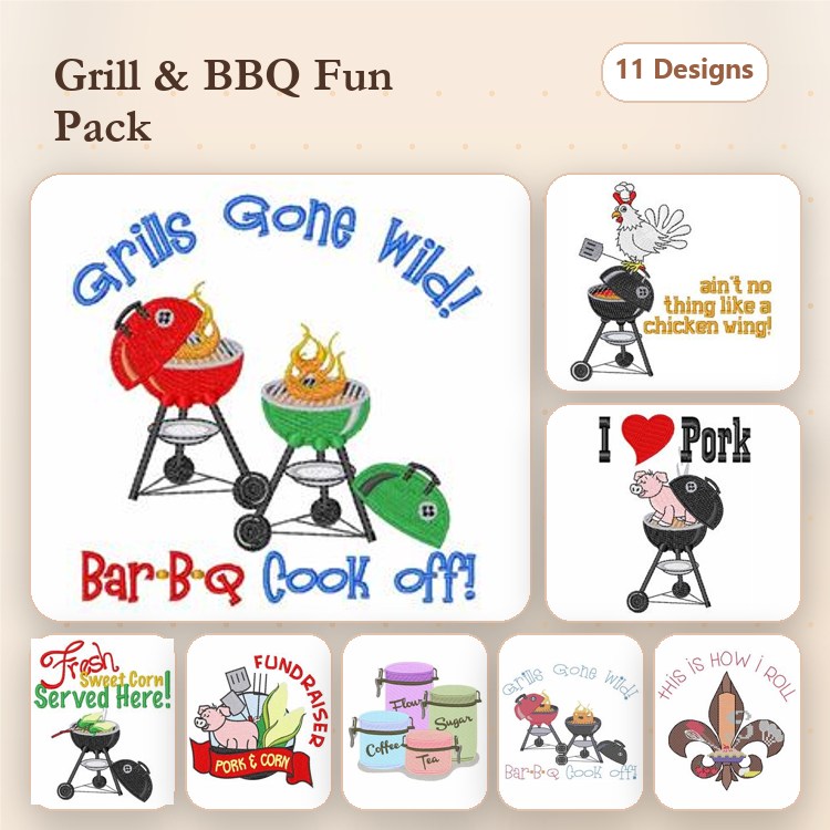 BBQ Food Embroidery Designs Bundle – Grills Gone Wild, Ain't No Thing Like a Chicken Wing, & Kiss the Cook (11 Designs)