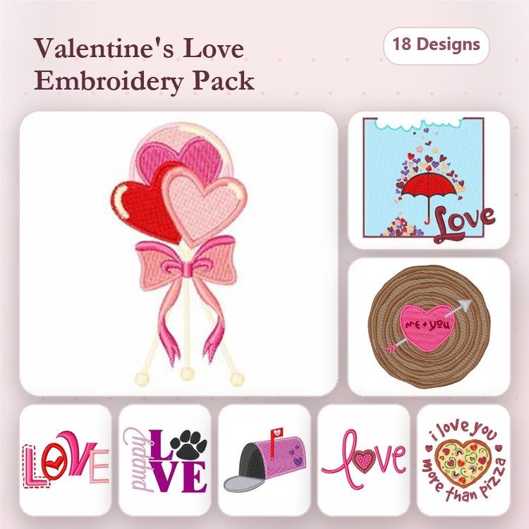 Valentine's Love Embroidery Designs Bundle – Heart Balloons, Love Text, Paw Print & More (18 Designs)