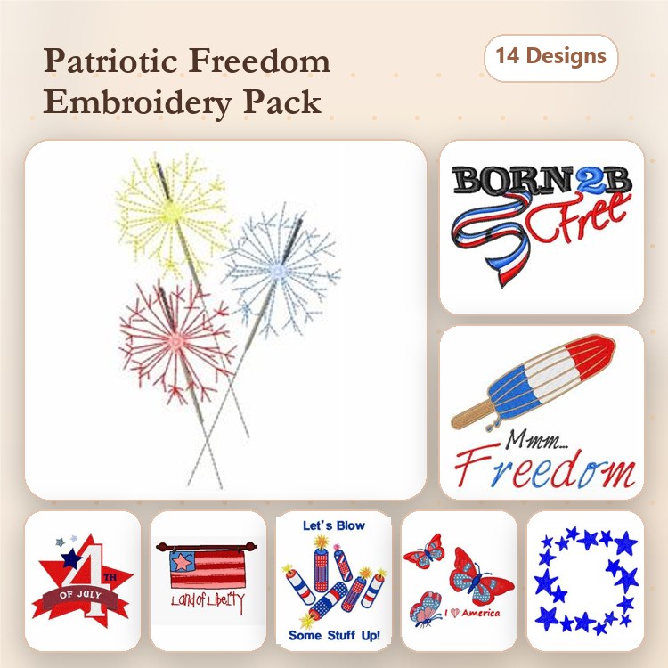 Patriotic Freedom Embroidery Designs Bundle – Fireworks, Born Free, Flag with Fireworks & More (14 Designs)