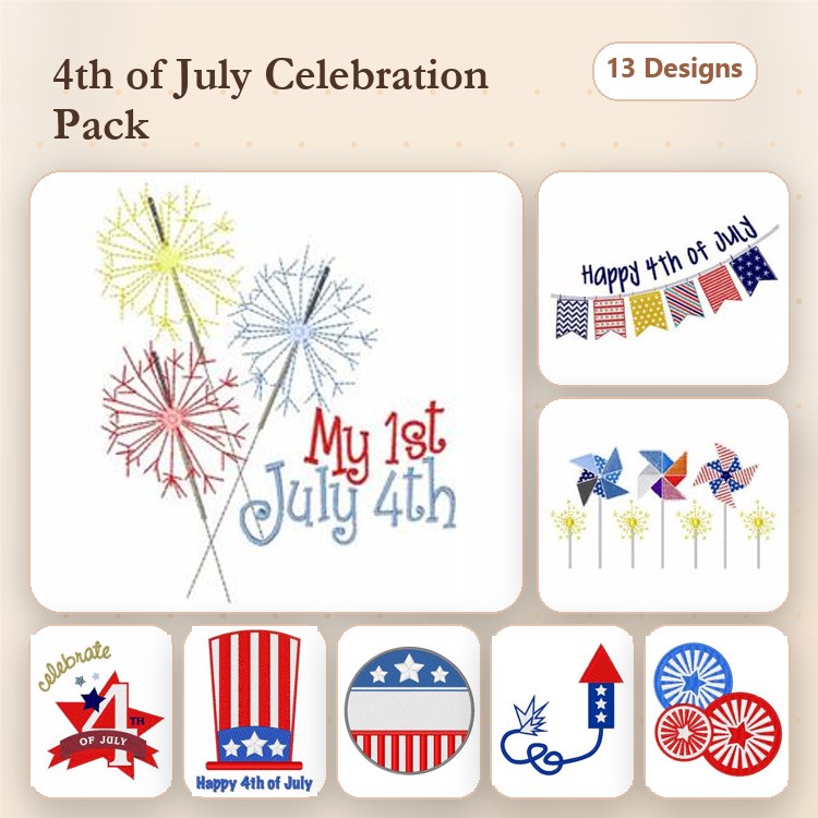 4th of July Celebration Embroidery Designs Bundle – Firework Pinwheel, Happy 4th of July Banner, My 1st July 4th & More (13 Designs)
