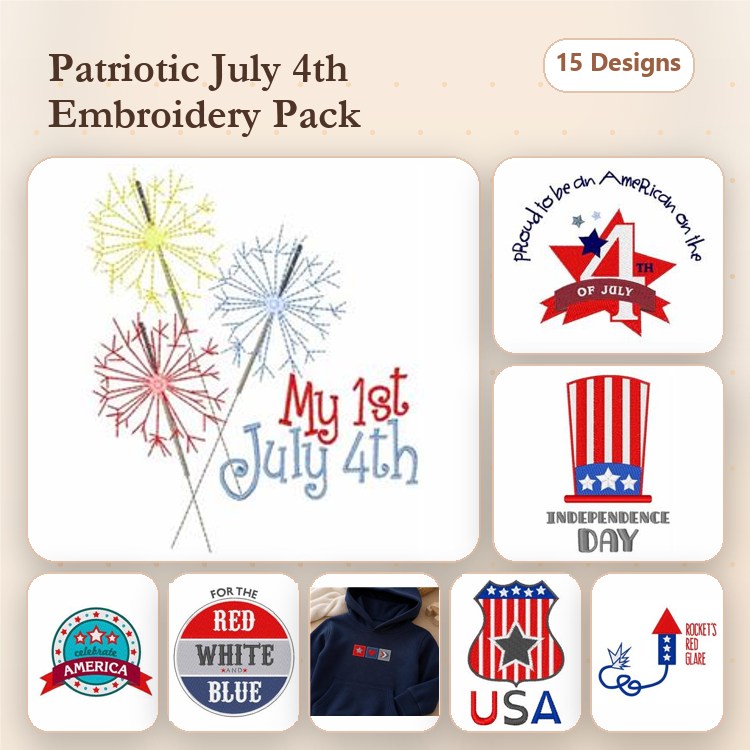 Patriotic July 4th Embroidery Designs Bundle – Fireworks, USA Flag, Uncle Sam Hat & More (15 Designs)
