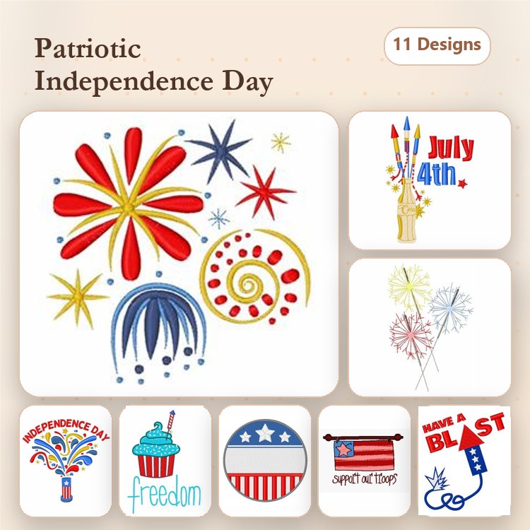 Patriotic Independence Day Embroidery Designs Bundle – Fireworks Burst, July 4th Text, American Flag & More (11 Designs)