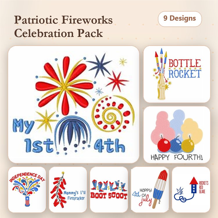 Patriotic Fireworks Celebration Embroidery Designs Bundle – Fireworks Burst, Happy Fourth, Independence Day & More (9 Designs)