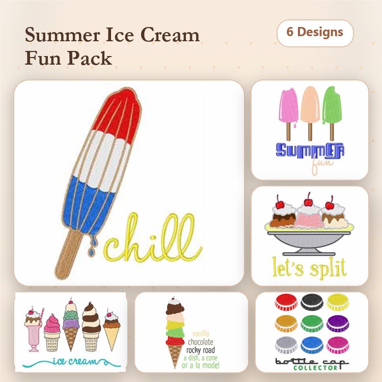 Ice Cream Themes Embroidery Designs Bundle – Popsicle, Ice Cream Sundae, Ice Cream Cone & More (6 Designs)