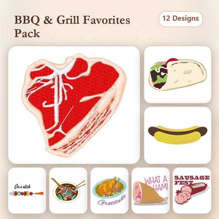 BBQ and Grill Foods Embroidery Designs Bundle – Ribeye Steak, Taco, Banana & More (12 Designs)