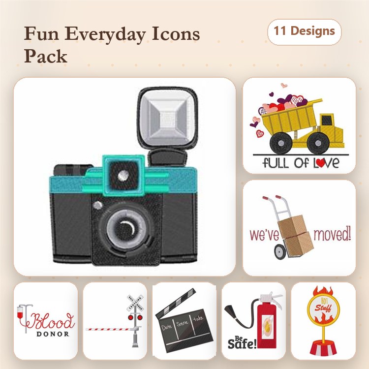 Everyday Icons Embroidery Designs Bundle – Camera, Dump Truck, Blood Donor & More (11 Designs)
