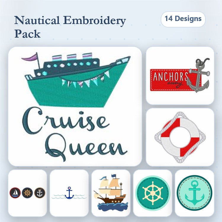 Nautical Themes Embroidery Bundle – Cruise Ship, Anchors, Lifesaver & More (14 Designs)