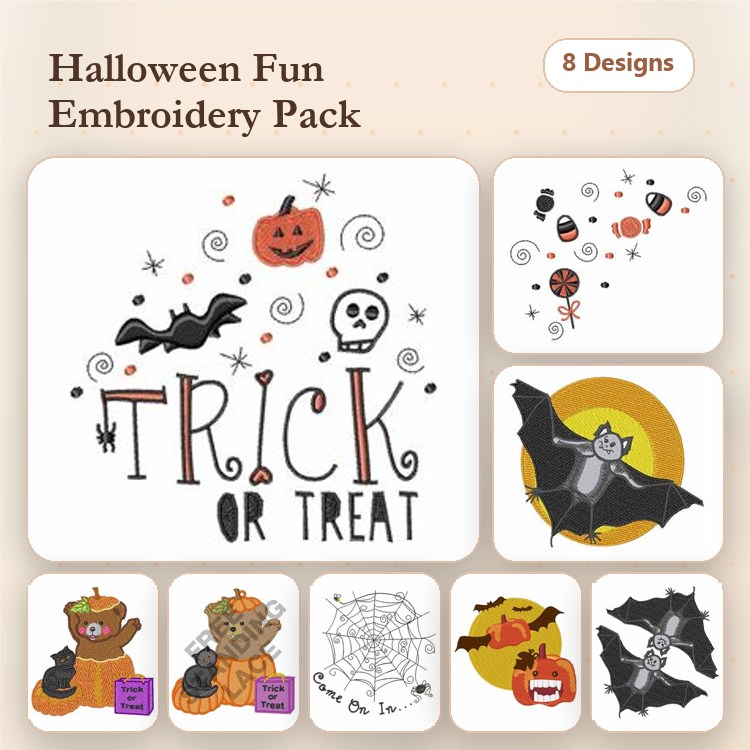 Halloween Fun Embroidery Designs Bundle – Trick or Treat Text, Bat with Skull, Jack-o'-Lantern & More (8 Designs)