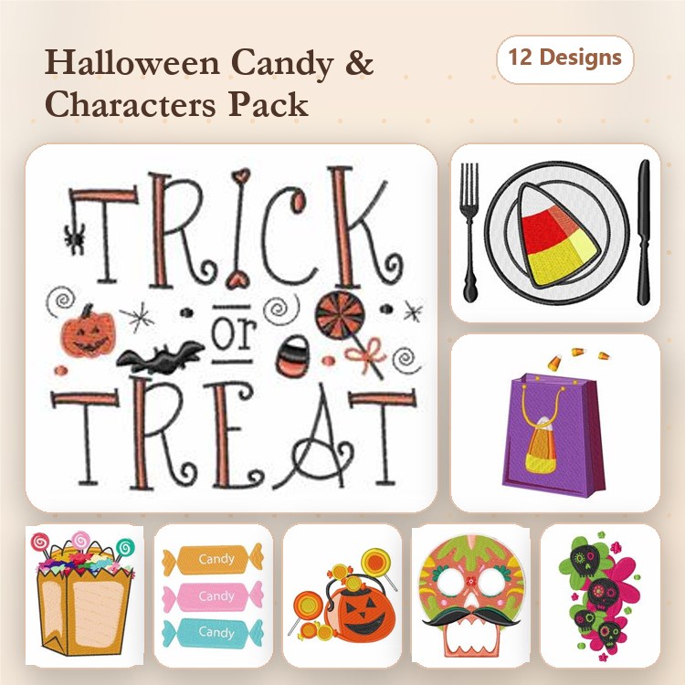 Halloween Candy & Characters Embroidery Designs Bundle – Trick or Treat Text, Candy Corn, Halloween Skull & More (12 Designs)