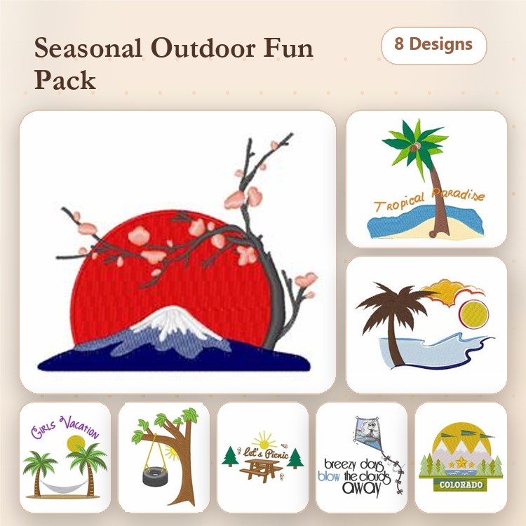 Seasonal Outdoor Fun Embroidery Bundle – Cherry Blossom with Sunset, Tropical Paradise, Gulf Coast & More (8 Designs)
