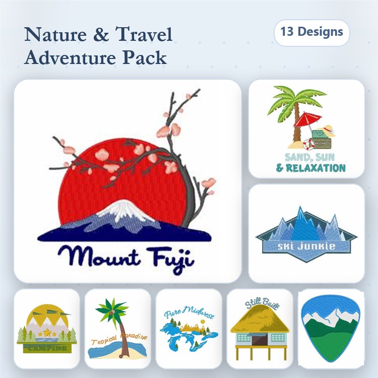 Nature and Travel Embroidery Designs Bundle – Mount Fuji, Palm Tree, Beach Hut & More (13 Designs)