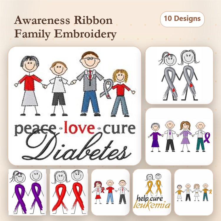 Family with Ribbons Embroidery Designs Bundle – Peace Love Cure Diabetes, Purple, Red & Yellow Awareness Ribbons (10 Designs)