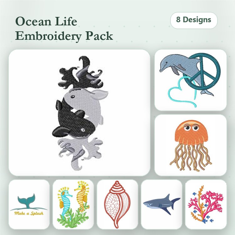 Ocean Life Embroidery Designs Bundle – Dolphins, Jellyfish, Sea Turtle, Whale & More (8 Designs)