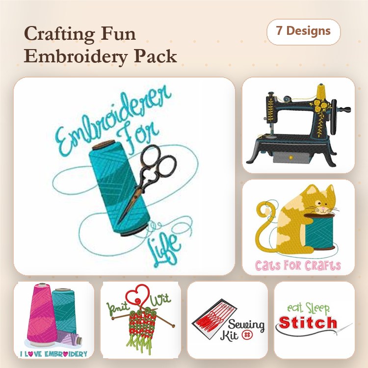 Crafting and Embroidery Themes Embroidery Designs Bundle – Embroiderer for Life, I Love Embroidery, Cats for Crafts & More (7 Designs)