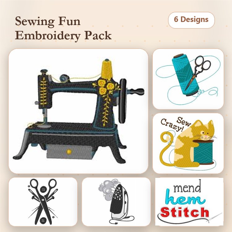 Sewing Themed Embroidery Designs Bundle – Sewing Machine, Scissors, Cat with Thread & More (6 Designs)
