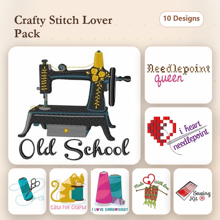 Sewing Machine & Needlepoint Embroidery Designs Bundle – Sewing Machine, Needlepoint Queen, I Heart Needlepoint & More (10 Designs)