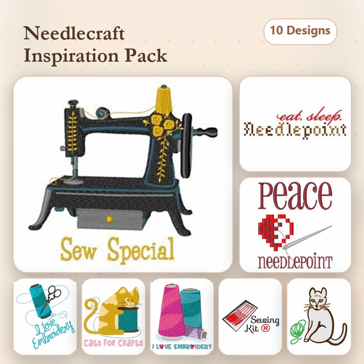 Needlecraft Themed Embroidery Designs Bundle – Sew Special Sewing Machine, Eat Sleep Needlepoint, & More (10 Designs)