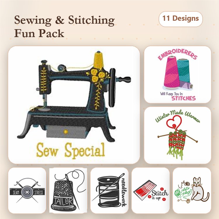 Sewing & Stitching Embroidery Designs Bundle – Sewing Machine, Thread Spool, Scissors, Cat with Spool & More (11 Designs)