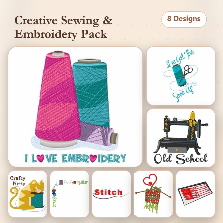 Sewing & Embroidery Themes Embroidery Designs Bundle – I Love Embroidery, Old School Sewing Machine, & Crafty Kitty (8 Designs)