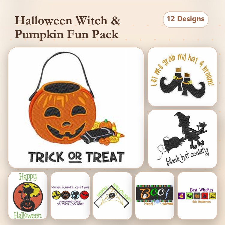 Halloween Witches & Pumpkins Embroidery Designs Bundle – Trick or Treat Pumpkin, Boo!, & More (12 Designs)