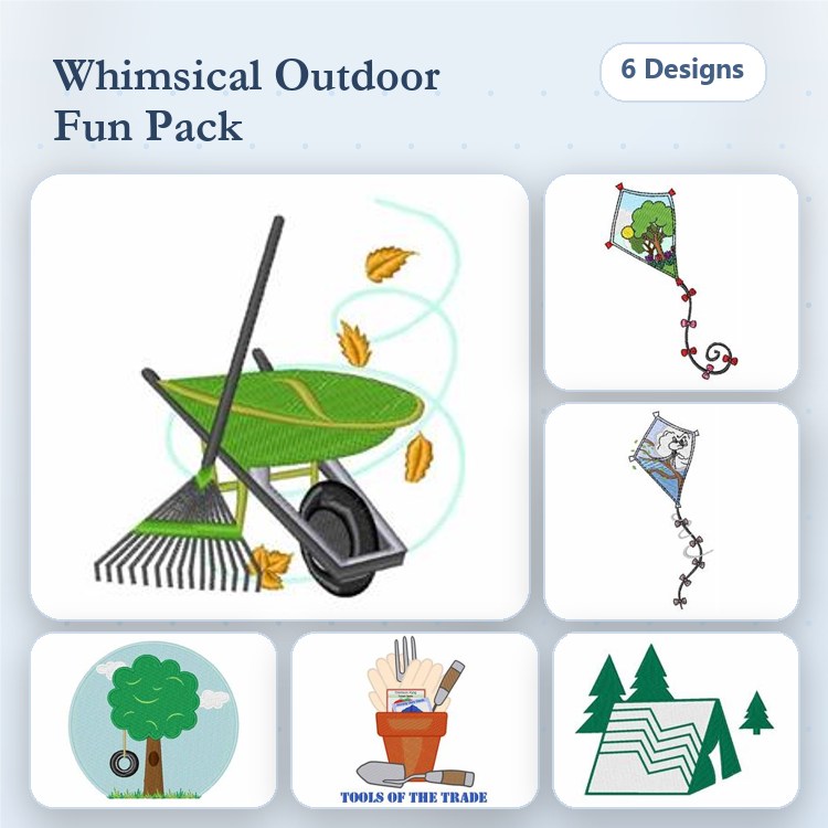 Outdoor Adventures Embroidery Designs Bundle – Rake with Leaves, Wheelbarrow with Plants, Kite in Flight & More (6 Designs)