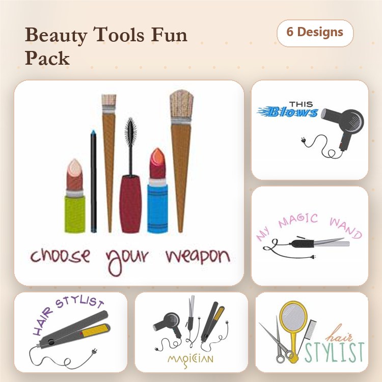 Beauty Tools Embroidery Designs Bundle – Lipstick with Brush, Hairdryer, Makeup Brush & More (6 Designs)