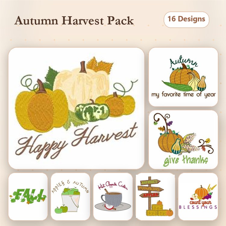 Autumn Harvest Embroidery Designs Bundle – Pumpkin Arrangement, Happy Harvest, Give Thanks & More (16 Designs)