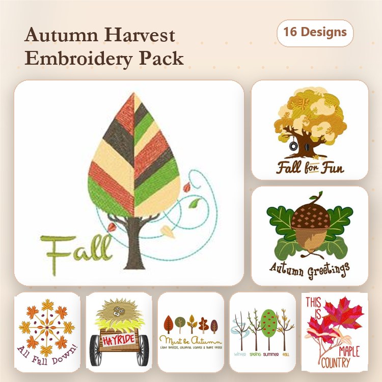 Autumn and Harvest Embroidery Designs Bundle – Colorful Fall Leaf, Pumpkin with Swirls, Hello Autumn & More (16 Designs)