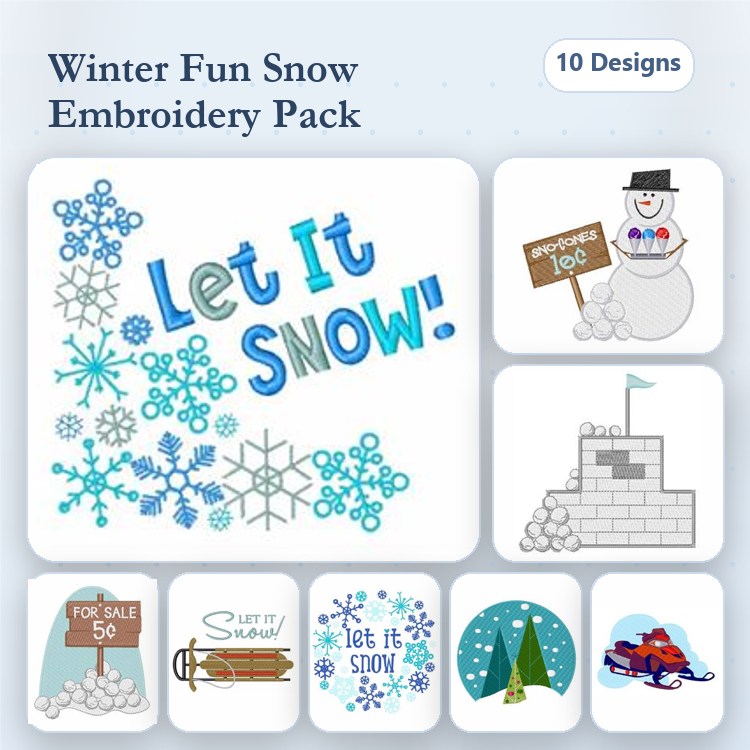 Winter Fun Snow Embroidery Designs Bundle – Let It Snow!, Snowman with Sign, Snow Fort & More (10 Designs)