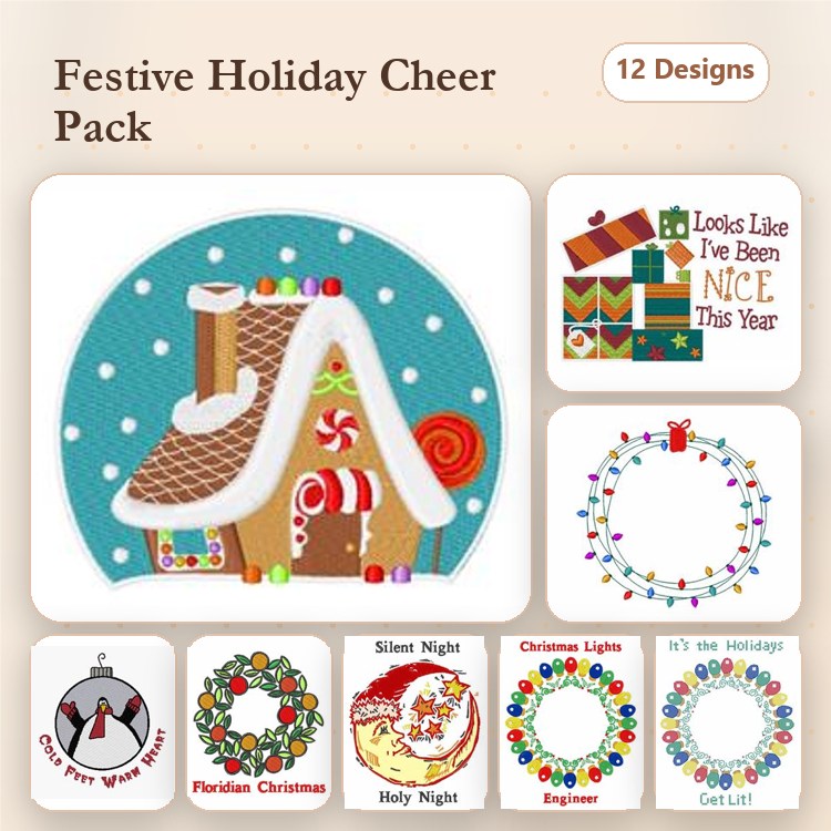 Holiday Embroidery Designs Bundle – Gingerbread House, Christmas Gifts, Christmas Lights & More (12 Designs)