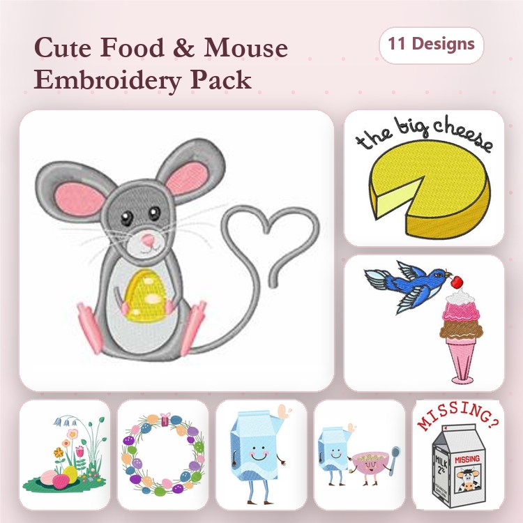 Cute Food & Mouse Embroidery Designs Bundle – Grey Mouse, Ice Cream Cone, Cupcake & More (11 Designs)